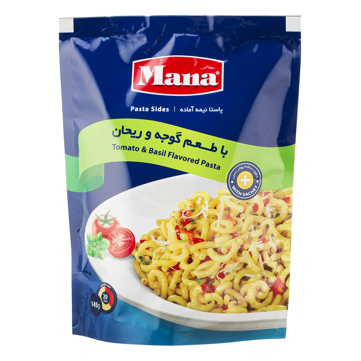 پاستا نیمه آماده با طعم گوجه و ریحان 145 گرمی مانا